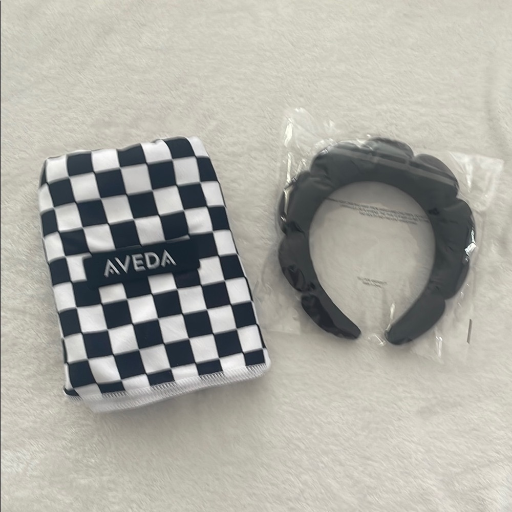 Aveda Checkered Hair Wrap and Black Headband Set